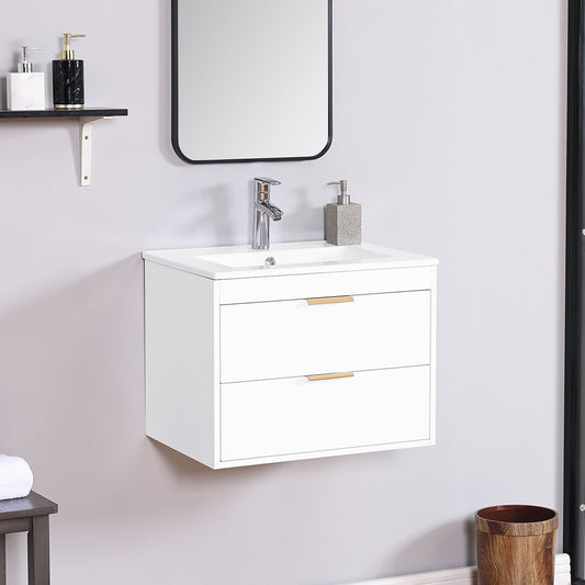 IMKHK 24" Wall Mounted Bathroom Vanity with 2 Drawers, Modern Floating Bathroom Storage Cabinet with White Undermount Ceramic Sink, Single Bathroom Vanity and Sink Combo for Home, White