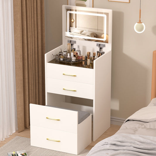 IMKHK 3 in 1 Vanity Desk with Mirror and Lights, Modern Makeup Vanity Set with 3 Drawers, Storage Cushioned Stool and Glass Desktop for Dressing Room, Makeup Dressing Table Set for Girls Women, White