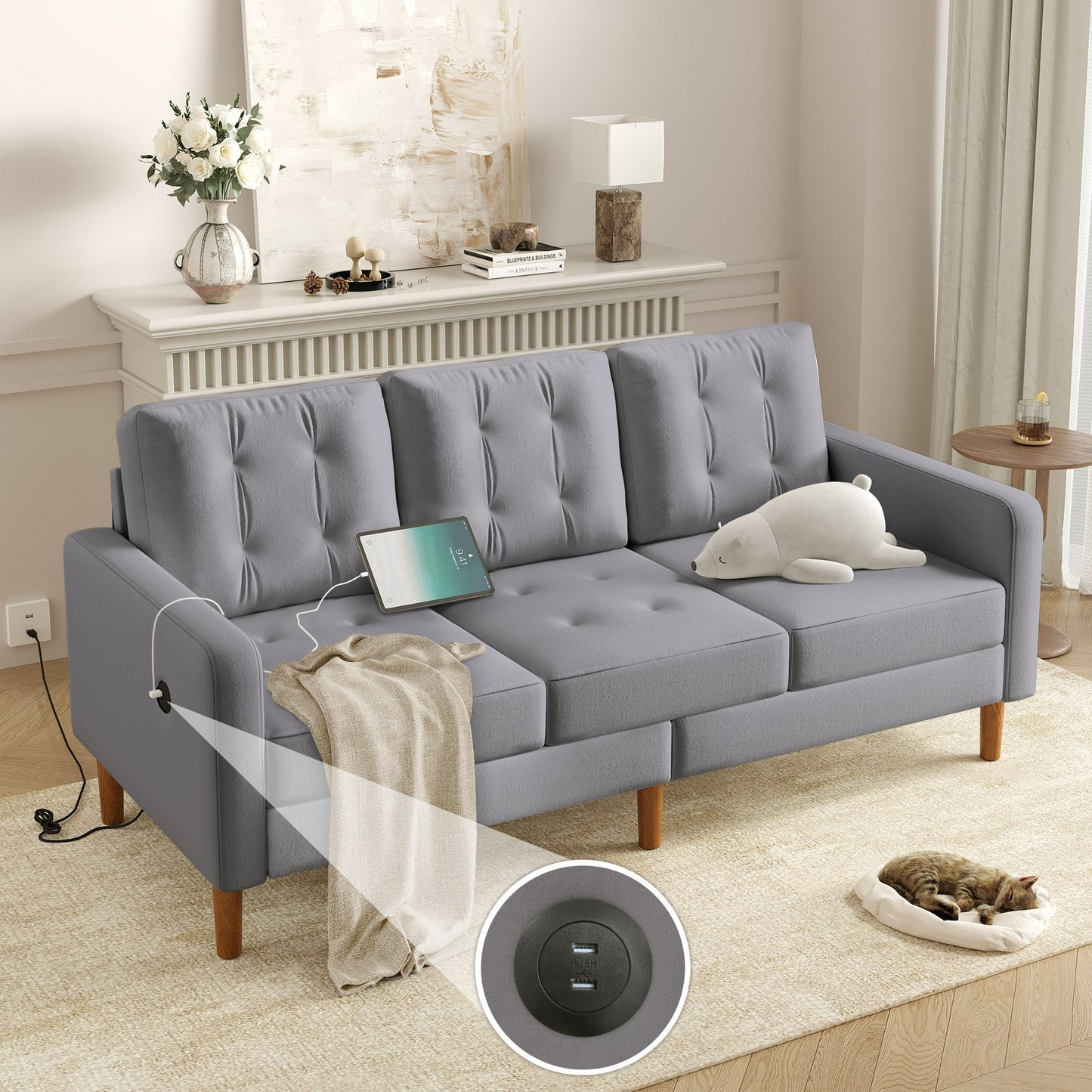 IMKHK 3 Seater Sofa Couch with 2 USB Charging Ports for Living Room, Modern Comfy Upholstered Deep Seat Couch with Wide Armrest, 78" Velvet Fabric Couch for Small Space, Apartment, Beige