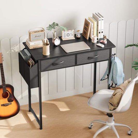 IMKHK 32" Home Office Computer Desk with 2 Storage Drawers and Fabric Side Bags, Small Study Writing Desk with Headphone Hook, Wood Gaming Desk with Strong Metal Frame for Bedroom Office, Black