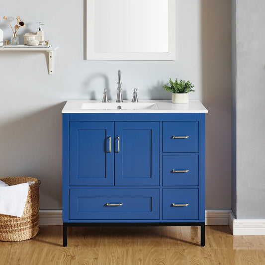 IMKHK 36" Bathroom Cabinet Vanity with Sink Combo, Modern Bathroom Storage Cabinet with 2 Soft Closing Doors and 4 Drawers, Single Bathroom Vanity with Ceramic Sink and Metal Feet for Home, Blue