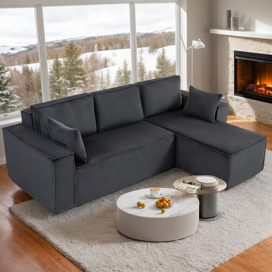 IMKHK 4-Seat Convertible Modular Sectional Sofa Couch with Corduroy Fabric, Upholstered L-Shaped Couch with Cushions and Pillows, Modern Deep Seat Sofa for Living Room, No Assembly Required, Black