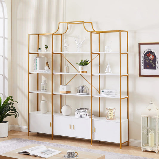 IMKHK 4-Tier Bookshelf with 3 Storage Cabinets, Modern Etagere Bookcase Storage Organizer with Open Display Shelves, Large Freestanding Display Storage Rack with X-Shaped Metal Frame, Gold/White