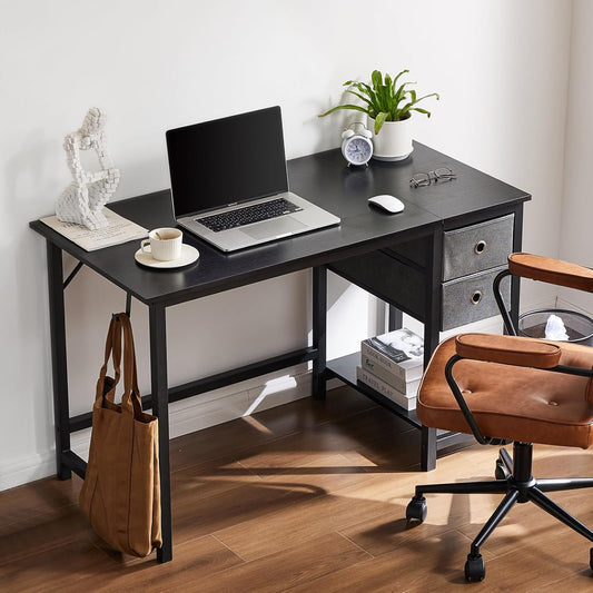 IMKHK 47" Small Home Office Computer Desk with 2 Storage Drawers, Shelf and Hook, Modern Writing Study Desk with Steady Metal Frame, Multi-Functional Gaming Table for Home Bedroom Office, Black