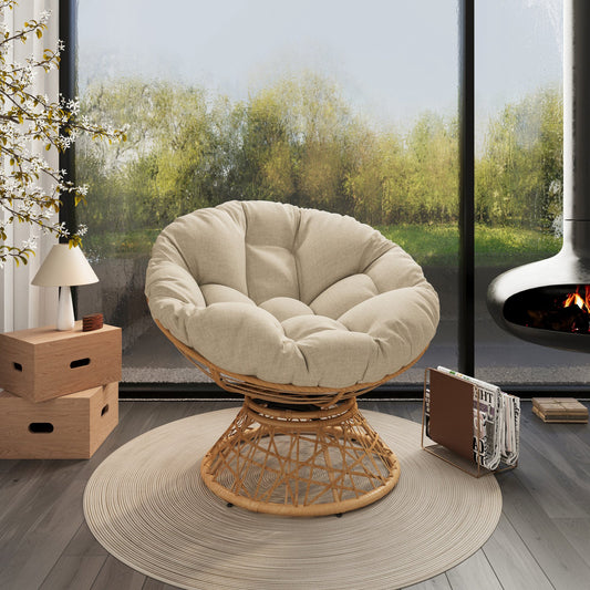 IMKHK 40" Swivel Papasan Chair with Cloud Thick Density Fabric Cushion, Comfy Single Rattan Chair with Handwoven Wicker, Ergonomic Lounge Chair for Reading Living Room Bedroom, Beige