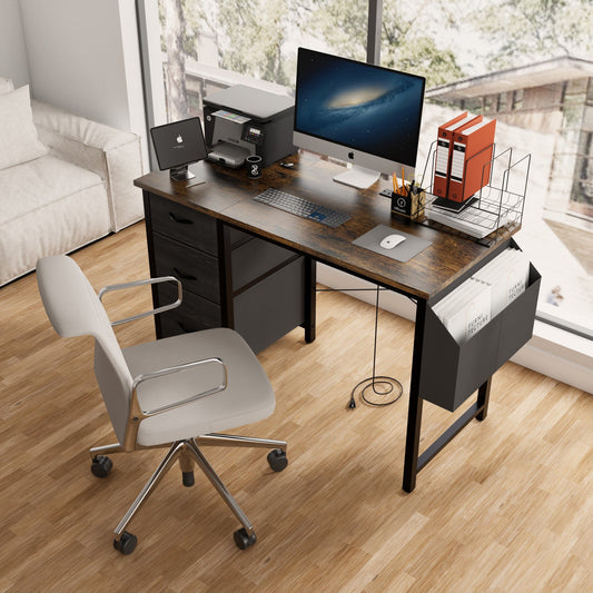 IMKHK 47.3" Home Office Computer Desk with Charging Station, Reversible Writing Desk with 3 Foldable Fabric Drawers and Large Side Pocket, Modern Wood Gaming Desk with Adjustable Foot Pads, Black