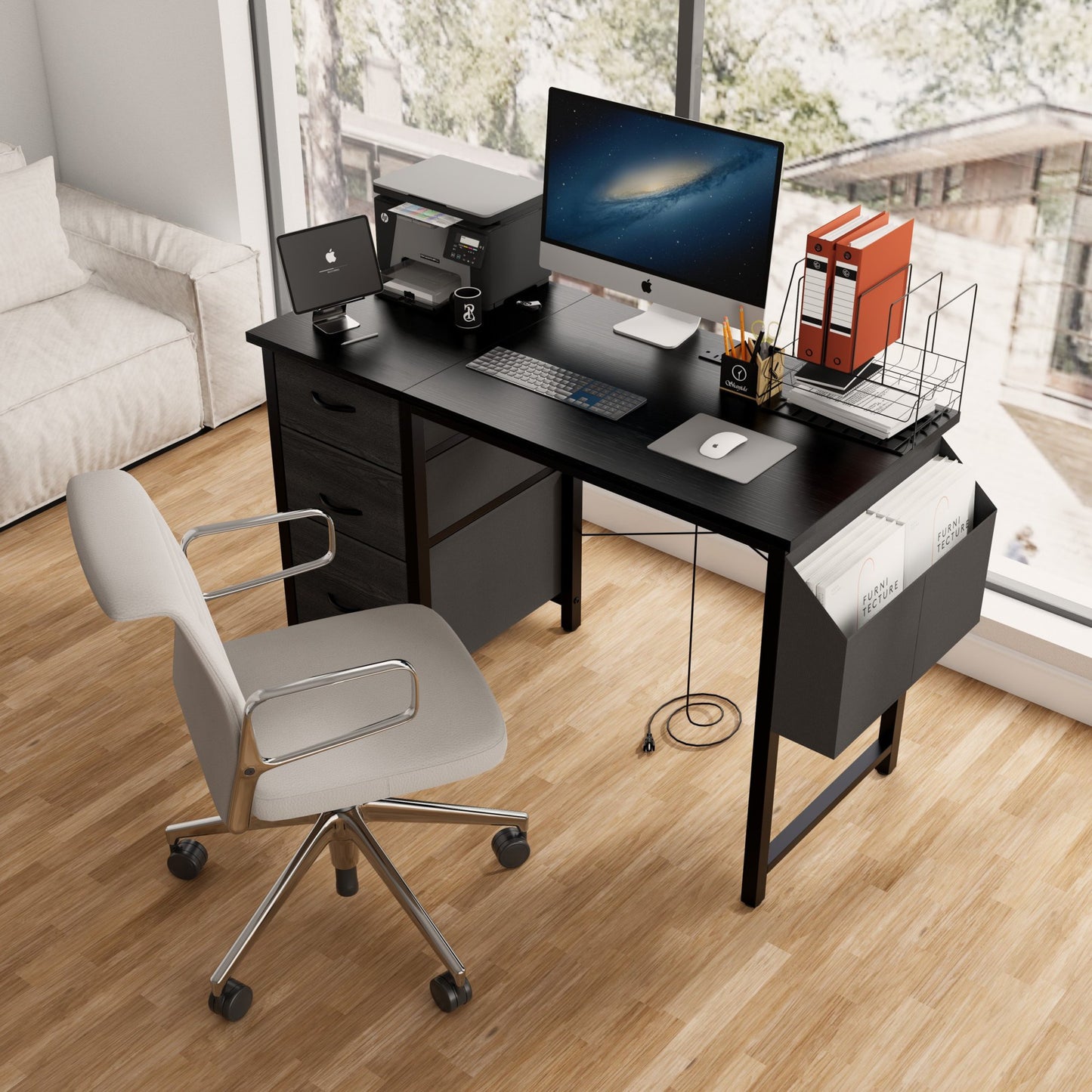 IMKHK 47.3" Home Office Computer Desk with Charging Station, Reversible Writing Desk with 3 Foldable Fabric Drawers and Large Side Pocket, Modern Wood Gaming Desk with Adjustable Foot Pads, Black
