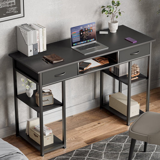 IMKHK 48" Home Office Computer Desk with 2 Fabric Drawers, Modern Gaming Desk with Adjustable Storage Shelves and Headphone Hook, Metal Writing Study Desk for Home Living Room Office, Brown