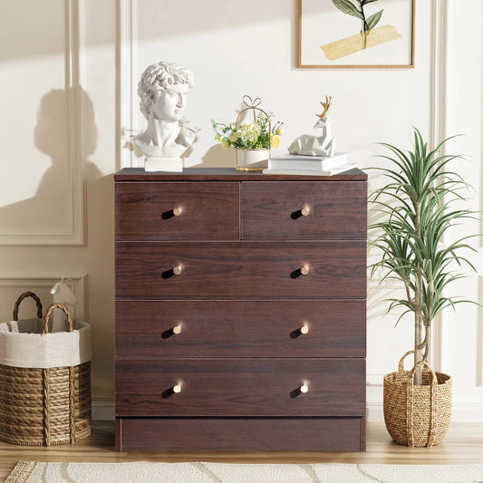 IMKHK 5 Drawer Double Dresser, Wood Wide Chest Of Drawers, Modern Storage Organization Unit with Matt Gold Handle, Nightstand Storage Tower Storage Cabinet for Living Room, Bedroom and Hallway, Brown