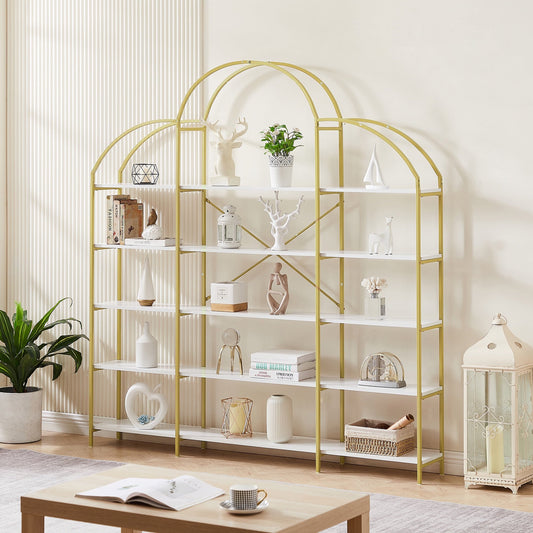 IMKHK 5-Tier Bookshelf with Crown-Shaped Top and X-Shaped Bar Frame, Freestanding Display Storage Organizer with Open Shelves, Etagere Bookcase Storage Rack for Living Room Home Office, Gold/White