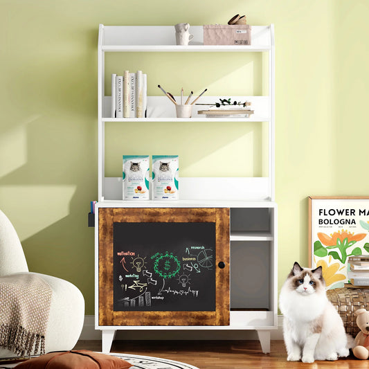 IMKHK 55" Cat Litter Box Enclosure Furniture with Graffiti Board and Eraser, Large Hidden Cat House Furniture with Storage Shelves, Multi-Functional Wooden Graffiti Cat Cabinet Indoor, White