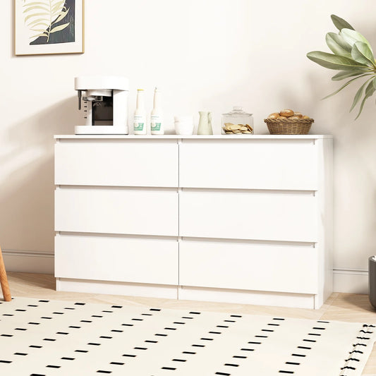 IMKHK 6 Drawer Double Dresser with Cutout Handles, 47.2" Wooden Storage Side Cabinet Chest of Drawers, Modern Vertical Chest of Drawers Organizer for Hallway Bedroom Living Room Office, White
