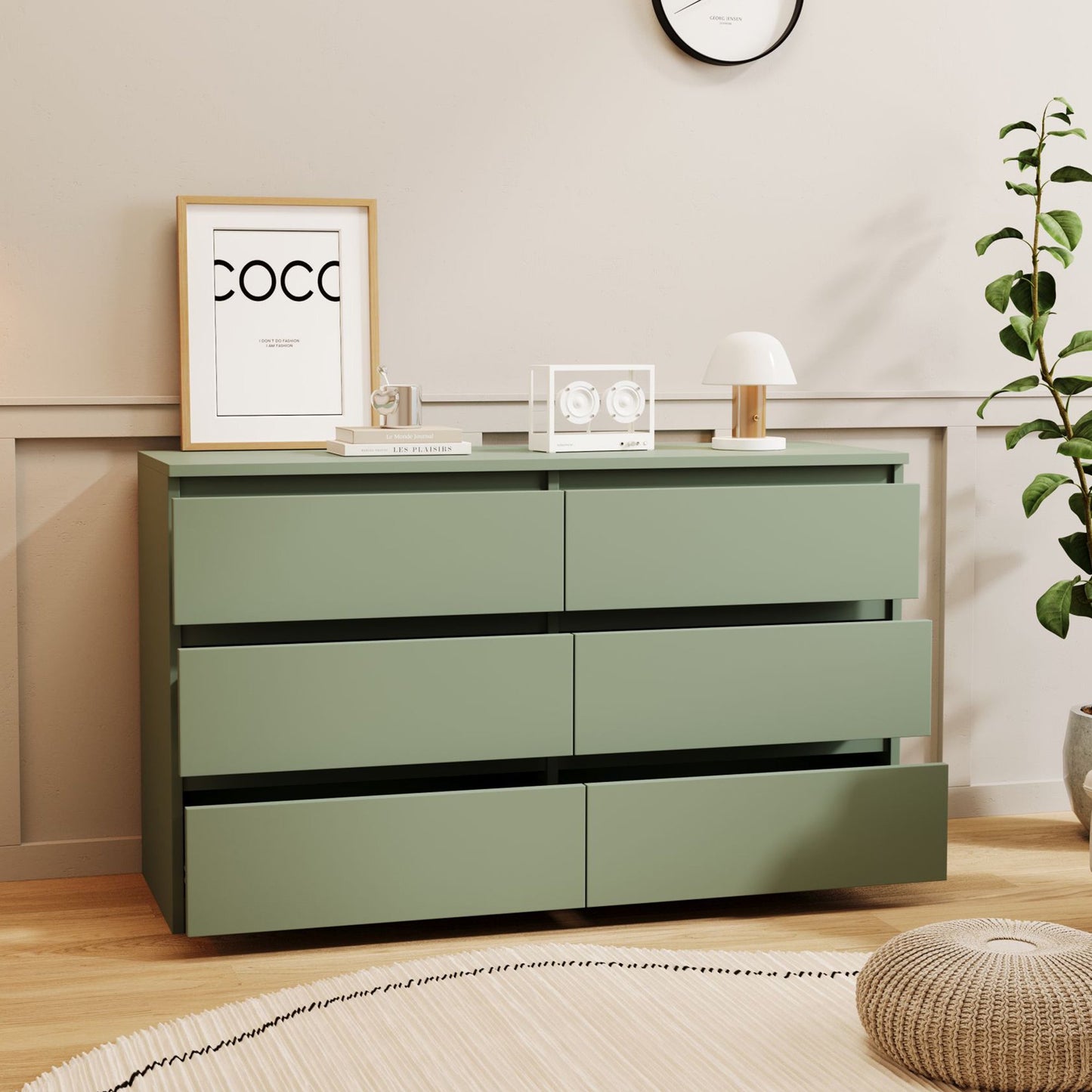 IMKHK 6 Drawer Double Dresser with Cutout Handles, 47.2" Wooden Storage Side Cabinet Chest of Drawers, Modern Vertical Chest of Drawers Organizer for Hallway Bedroom Living Room Office, White