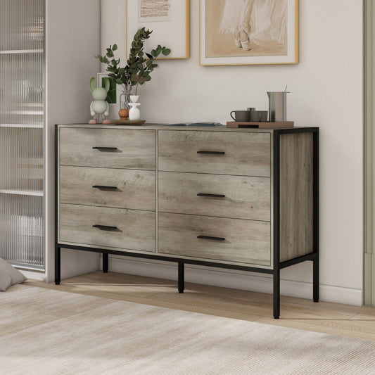 IMKHK 6 Drawer Double Dresser, Modern Wide Chest Of Drawers, Wood Storage Organization Unit with Handles for Living Room Bedroom Hallway, Side Cabinet Chest of Drawer with Anti-Tipping Device, Gray