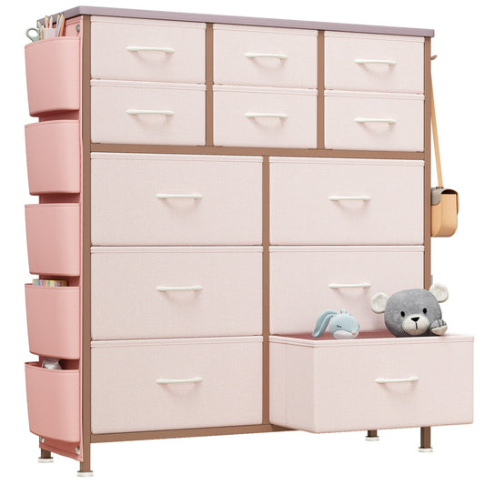 IMKHK 12 Drawer Dresser for Bedroom, Chest of Drawers with Side Pockets and Hooks, Modern Fabric Storage Cabinet Dresser Organizer Unit with Wood Top for Bedroom Living Room Entryway Hallway, Pink