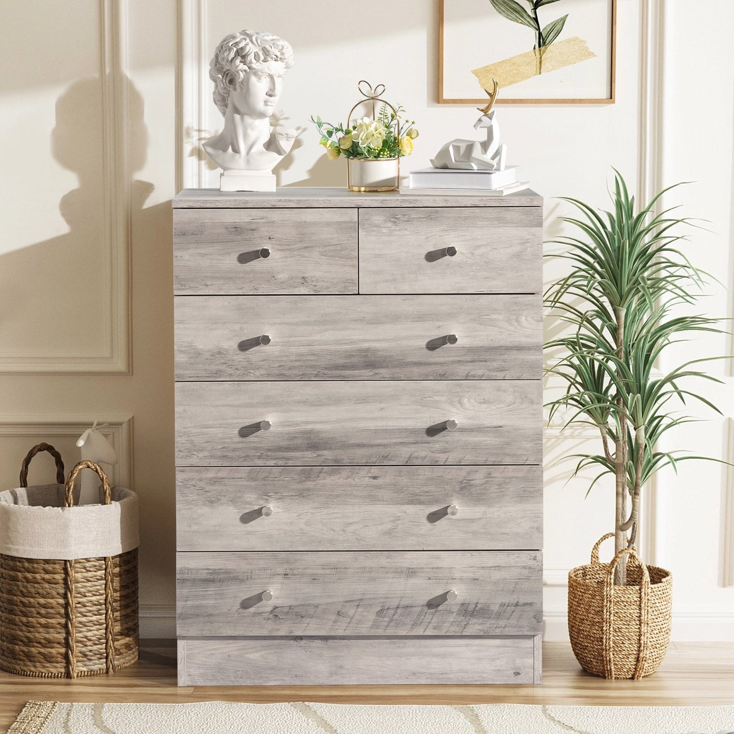 IMKHK 6 Drawer Double Dresser, Wood Wide Chest Of Drawers, Modern Storage Cabinet Dresser Organizer Unit with Matt Gold Handle, Nightstand Storage Tower for Living Room, Bedroom and Hallway, Brown