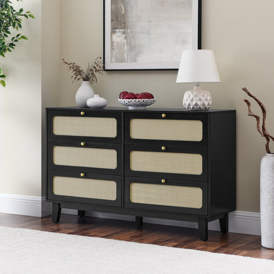 IMKHK 6 Drawer Double Dresser, Wooden Storage Side Cabinet Chest of Drawers with Adjustable Legs, Modern Rattan Chest of Drawers Organizer for Hallway Bedroom Living Room Office, Black