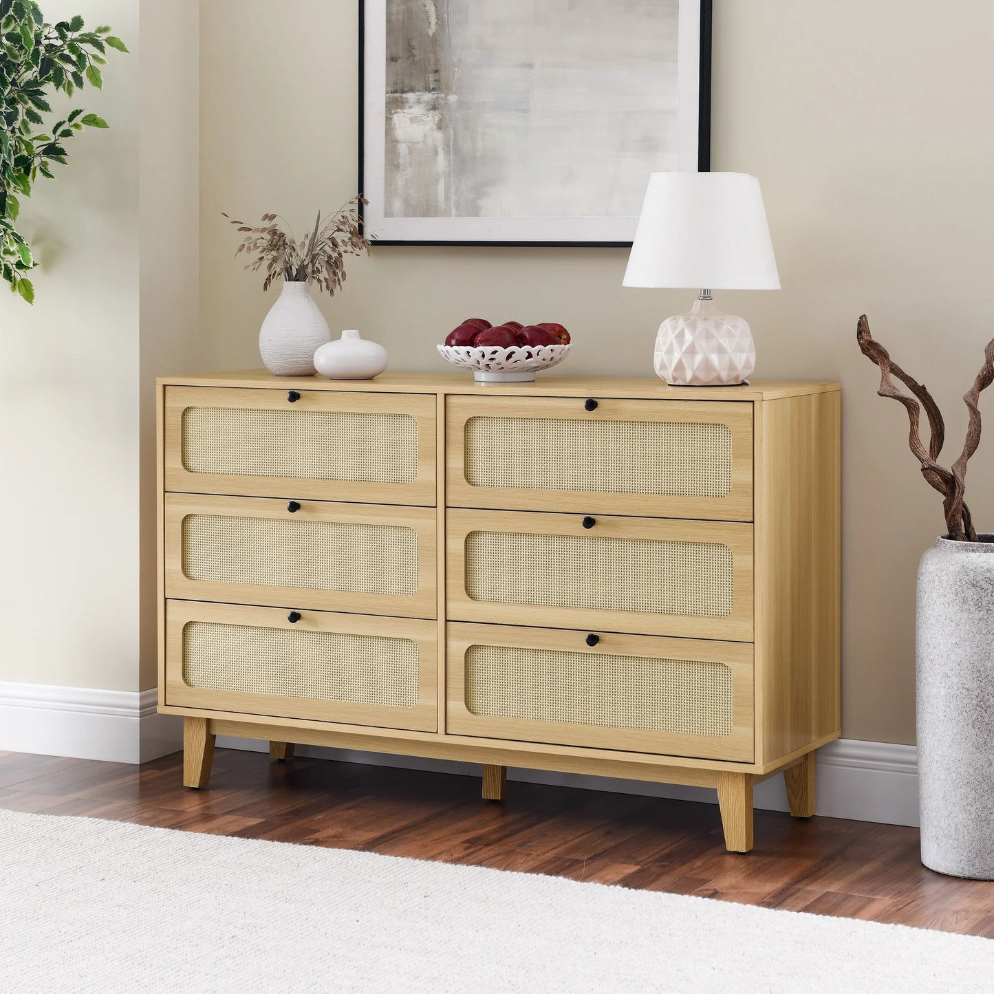 IMKHK 6 Drawer Double Dresser, Wooden Storage Side Cabinet Chest of Drawers with Adjustable Legs, Modern Rattan Chest of Drawers Organizer for Hallway Bedroom Living Room Office, Black
