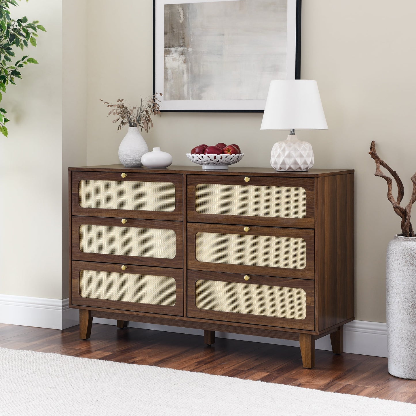 IMKHK 6 Drawer Double Dresser, Wooden Storage Side Cabinet Chest of Drawers with Adjustable Legs, Modern Rattan Chest of Drawers Organizer for Hallway Bedroom Living Room Office, Black