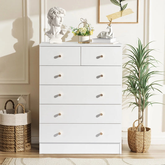 IMKHK 6 Drawer Dresser, Chest of Drawers for Bedroom, Modern Storage Cabinet Dresser Organizer Unit with Matt Gold Handle, Wood Vertical Storage Tower for Bedroom, Living Room and Hallway,White