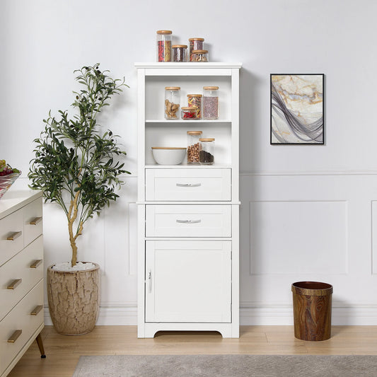 IMKHK 60" Tall Bathroom Storage Cabinet, Freestanding Sideboard Buffet Cabinet Cupboard with Door and 2 Drawers, Large Kitchen Pantry Cabinet with Open Compartment and Adjustable Shelves, White