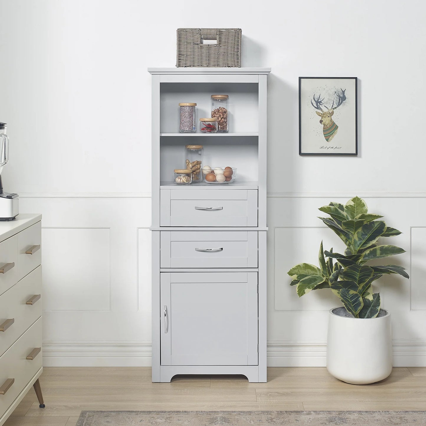 IMKHK 60" Tall Bathroom Storage Cabinet, Freestanding Sideboard Buffet Cabinet Cupboard with Door and 2 Drawers, Large Kitchen Pantry Cabinet with Open Compartment and Adjustable Shelves, White