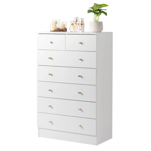 IMKHK 7 Drawer Dresser, Chest of Drawers for Bedroom, Modern Storage Cabinet Dresser Organizer Unit with Matt Gold Handle, Wood Vertical Storage Tower for Bedroom, Living Room and Hallway, White