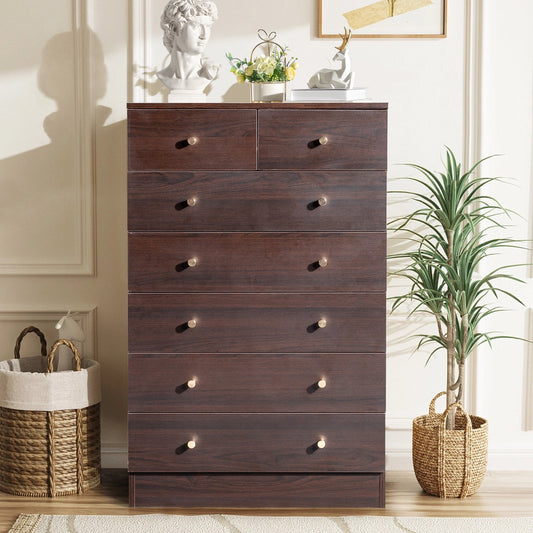 IMKHK 7 Drawer Dresser, Chest of Drawers for Bedroom, Modern Storage Cabinet Dresser Organizer Unit with Matt Gold Handle, Wood Vertical Storage Tower for Bedroom, Living Room and Hallway, Gray