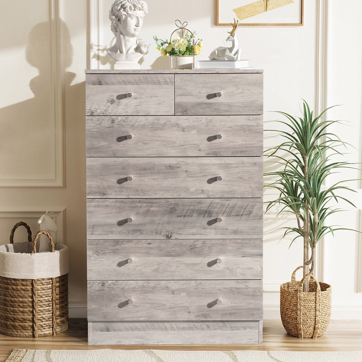 IMKHK 7 Drawer Dresser, Chest of Drawers for Bedroom, Modern Storage Cabinet Dresser Organizer Unit with Matt Gold Handle, Wood Vertical Storage Tower for Bedroom, Living Room and Hallway, Gray