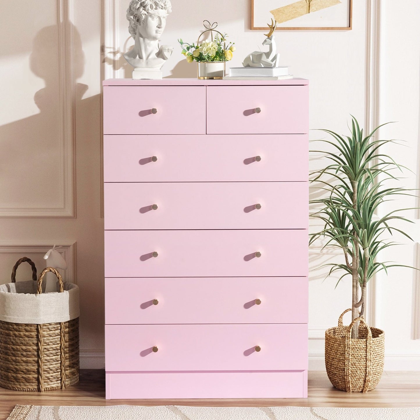 IMKHK 7 Drawer Dresser, Chest of Drawers for Bedroom, Modern Storage Cabinet Dresser Organizer Unit with Matt Gold Handle, Wood Vertical Storage Tower for Bedroom, Living Room and Hallway, Gray