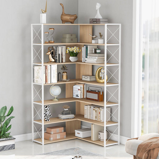 IMKHK 7-Tier L-Shaped Bookcase Storage Organizer, Industrial Tall Corner Bookshelf with Open Shelves, Freestanding Display Storage Rack for Living Room Home Office, Metal Frame, Easy Assembly, Oak