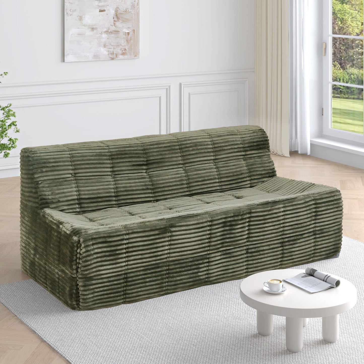 IMKHK 75" Compression Sofa, Modern Full Sponge Deep Seat Corduroy Sofa, 3-Seat Upholstered Sofa Couch Furniture for Small Space Living Room Bedroom, Minimalist Style, No Assembly Required, Green