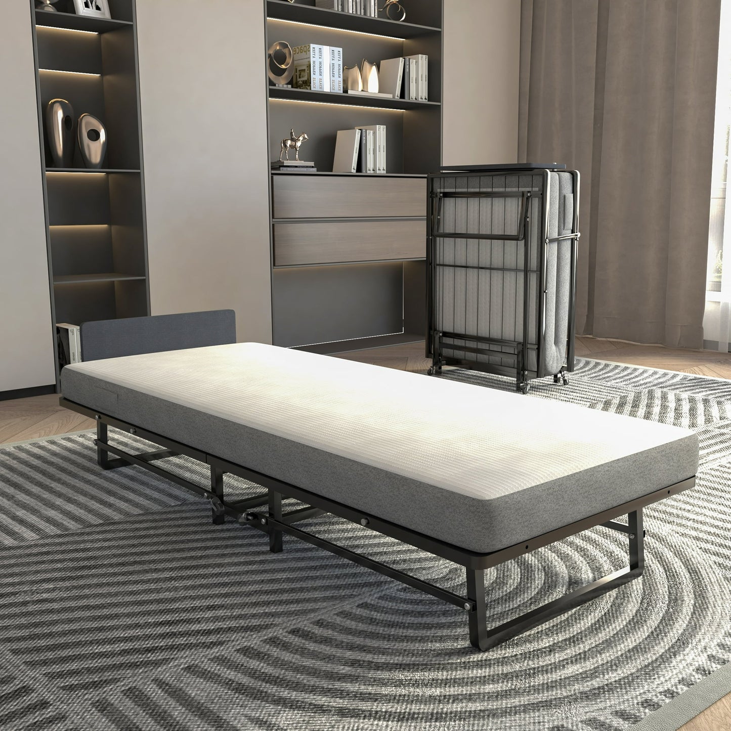 IMKHK 75x30 Folding Bed with Mattress, Portable Roll Away Adult Bed on Wheels for Guests with 4 Wheels, 4-inch Thick Memory Foam Mattress, Space Saving Fold Up Bed for Easy Storage, Black