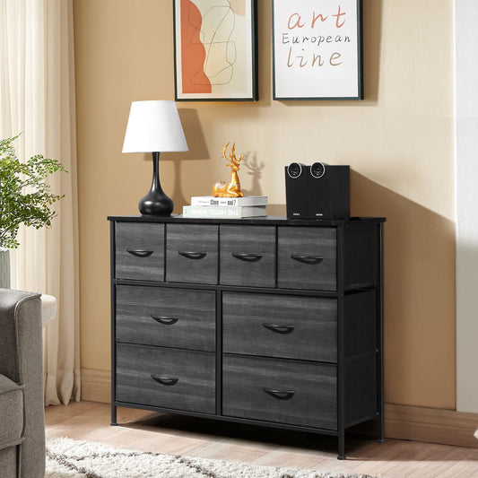 IMKHK 10 Drawer Dresser, Wide Chest Of Drawers Nightstand with Fabric Drawers, Wood Organizer Storage Cabinet with Large Storage Unit for Hallway Entryway Living Room Bedroom, Metal Frame, Black