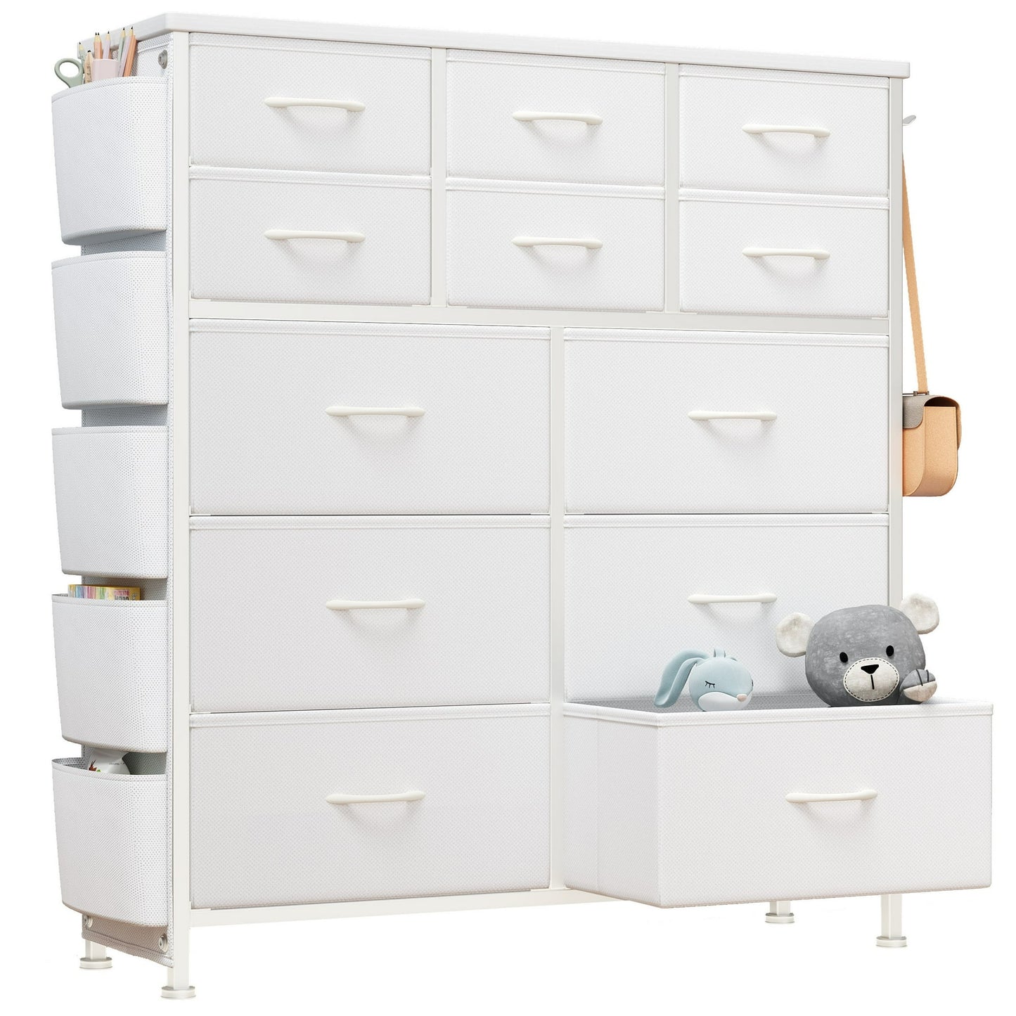 IMKHK 12 Drawer Dresser for Bedroom, Chest of Drawers with Side Pockets and Hooks, Modern Fabric Storage Cabinet Dresser Organizer Unit with Wood Top for Bedroom Living Room Entryway Hallway, Pink