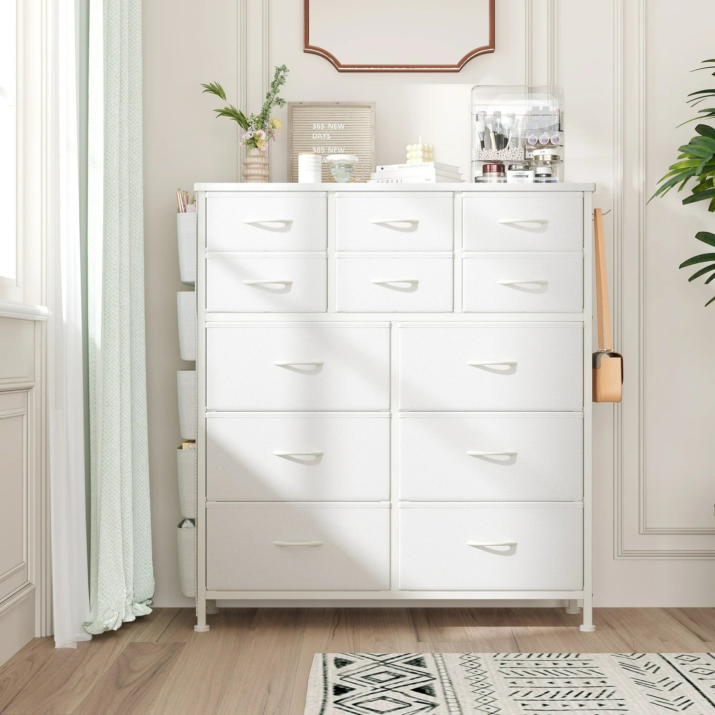 IMKHK 12 Drawer Fabric Dresser for Bedroom, Chest of Drawers with Side Pockets and Hooks, Modern Storage Cabinet Dresser Organizer Unit with Wood Top for Bedroom Living Room Entryway Hallway, White