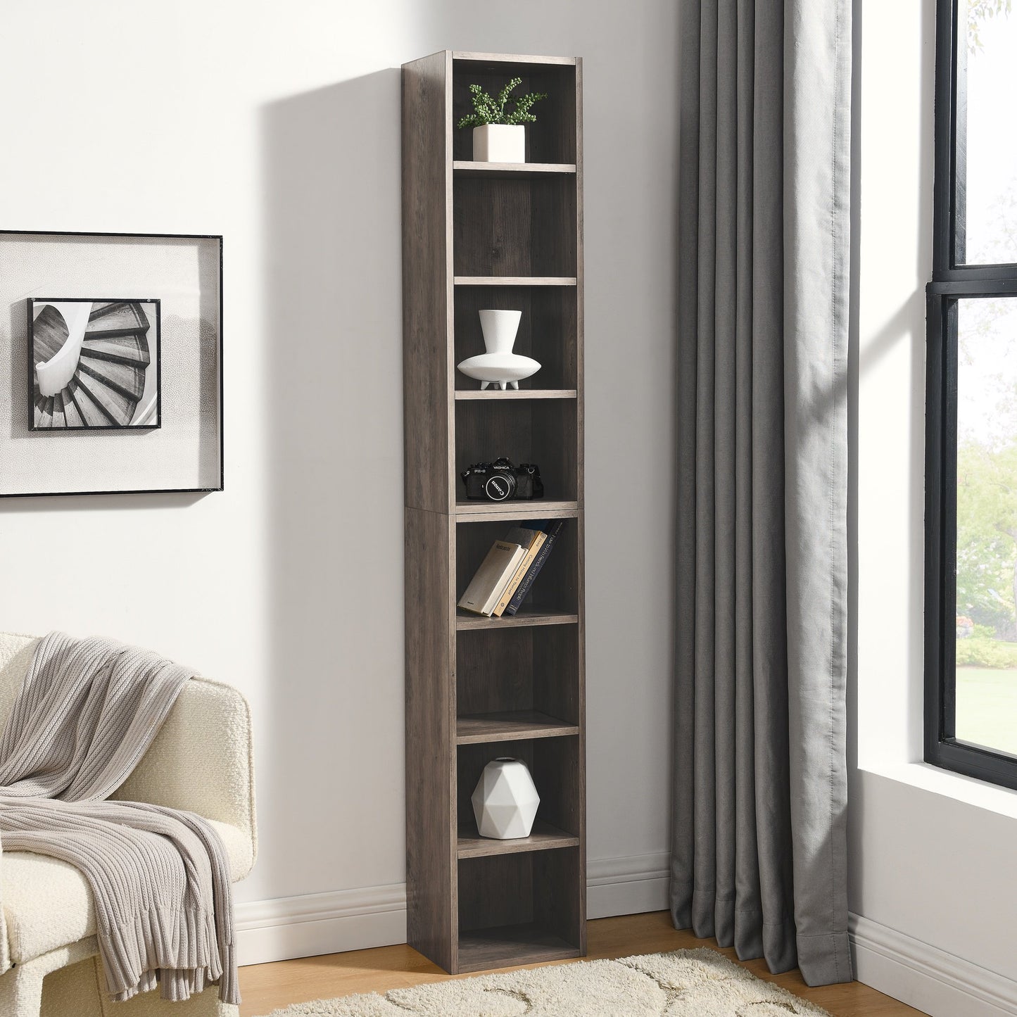 IMKHK 8-Tier Media Tower, CD DVD Media Storage Unit with Adjustable Shelves, Multi-Functional Cube Storage Cabinet for Home Office, Wooden Freestanding Double-Decker Bookcase Display Stand, White