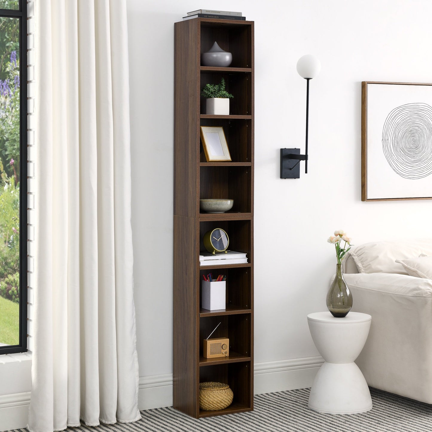 IMKHK 8-Tier Media Tower, CD DVD Media Storage Unit with Adjustable Shelves, Multi-Functional Cube Storage Cabinet for Home Office, Wooden Freestanding Double-Decker Bookcase Display Stand, White