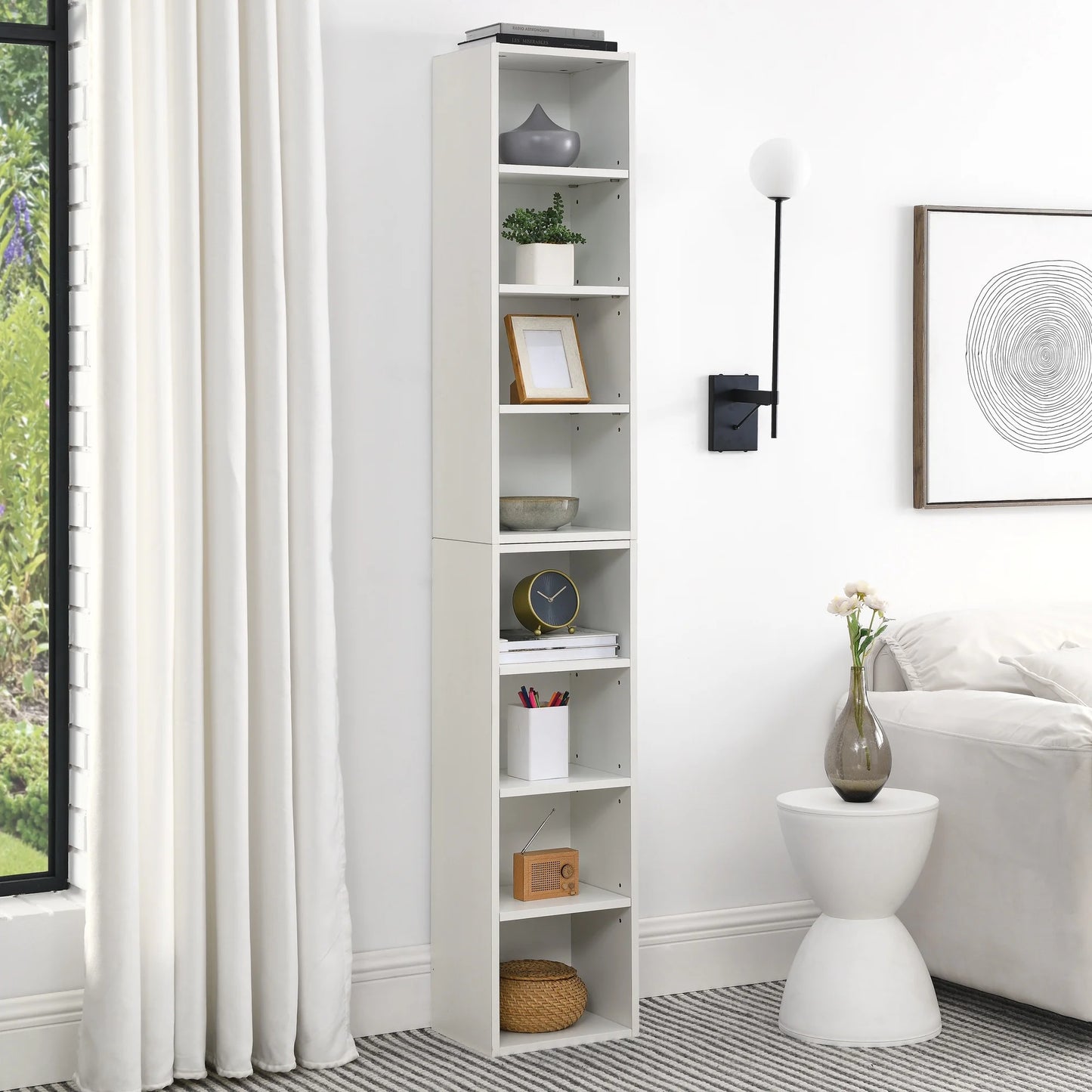 IMKHK 8-Tier Media Tower, CD DVD Media Storage Unit with Adjustable Shelves, Multi-Functional Cube Storage Cabinet for Home Office, Wooden Freestanding Double-Decker Bookcase Display Stand, White