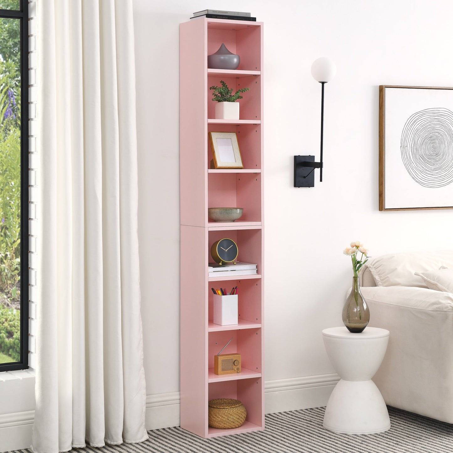 IMKHK 8-Tier Media Tower, CD DVD Media Storage Unit with Adjustable Shelves, Multi-Functional Cube Storage Cabinet for Home Office, Wooden Freestanding Double-Decker Bookcase Display Stand, White