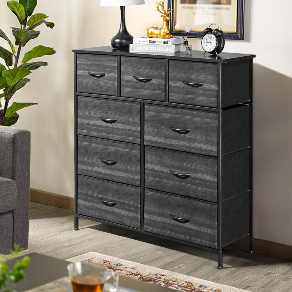 IMKHK 10 Drawer Dresser, Wide Chest Of Drawers Nightstand with Fabric Drawers, Wood Organizer Storage Cabinet with Large Storage Unit for Hallway Entryway Living Room Bedroom, Metal Frame, Black