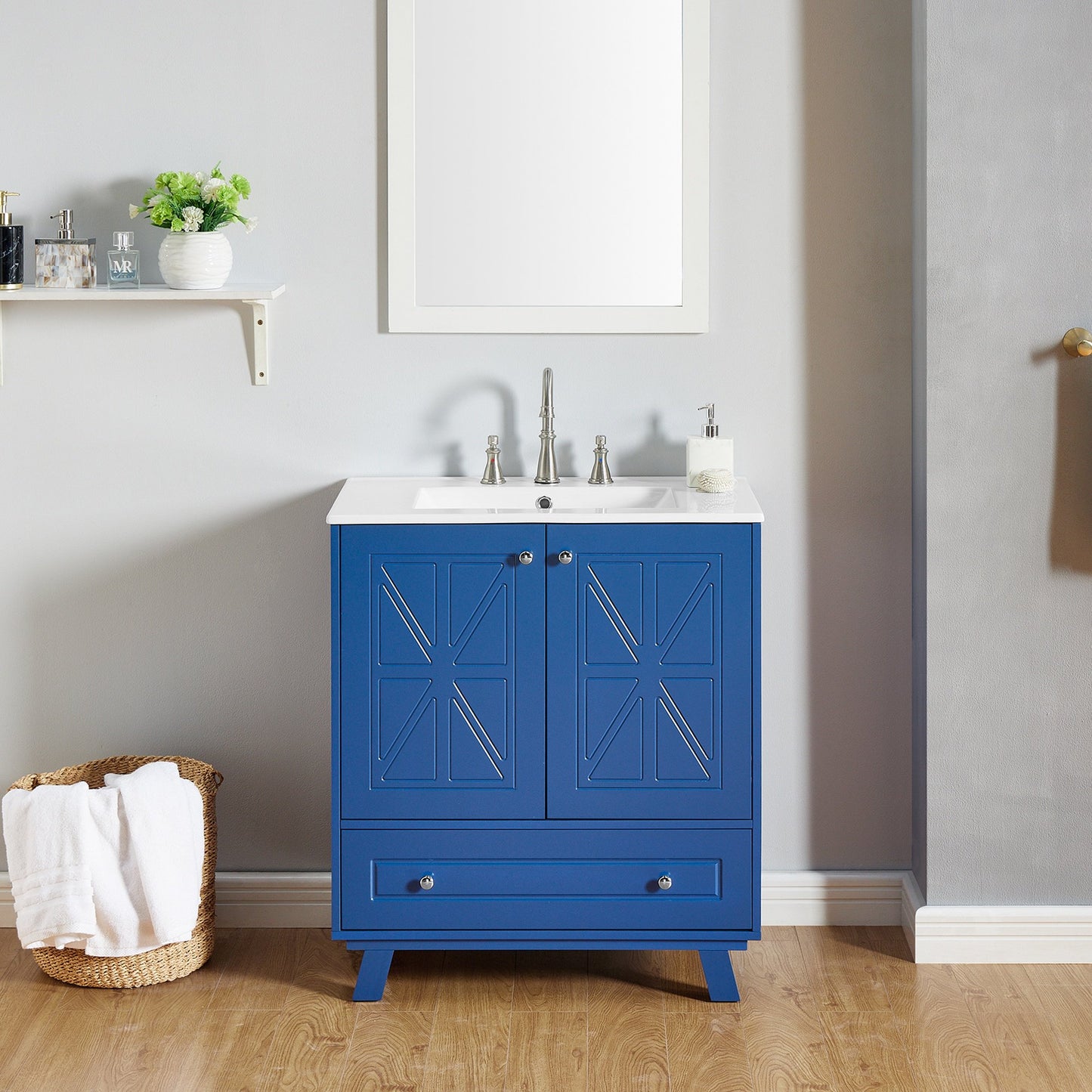 IMKHK Bathroom Vanity with Ceramic Sink, Freestanding Bathroom Vanities Combo Cabinet with 2 Soft Close Doors and 1 Drawer, Stand Storage Bathroom Vanity Cabinet for Bathroom & Small Space, White