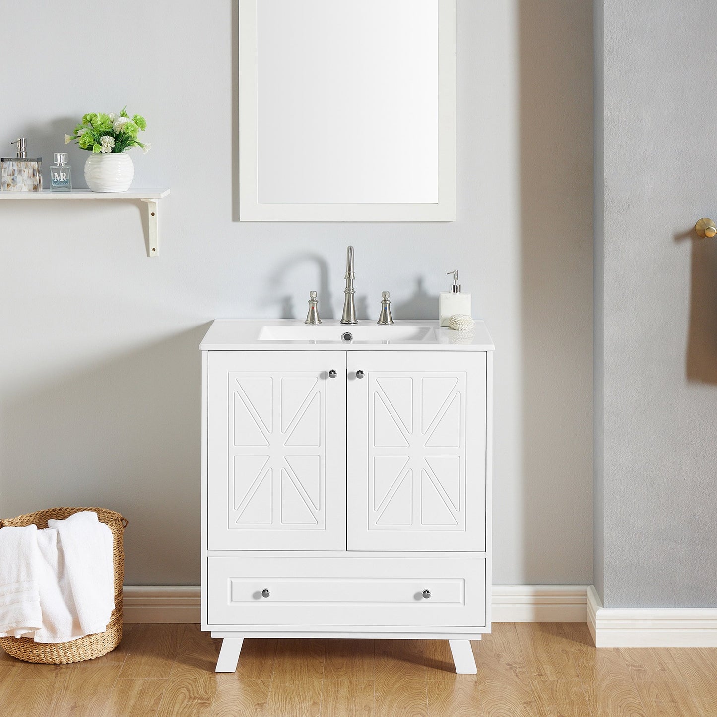 IMKHK Bathroom Vanity with Ceramic Sink, Freestanding Bathroom Vanities Combo Cabinet with 2 Soft Close Doors and 1 Drawer, Stand Storage Bathroom Vanity Cabinet for Bathroom & Small Space, White