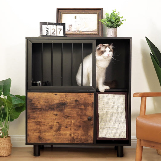 IMKHK Cat Feeding Station with Scratching Pads and Feeding Bowls, Cat Litter Box Enclosure Furniture with Storage Cabinet, Hidden Cat House with Grille Door, Modern Indoor Cat Cabinet, Black