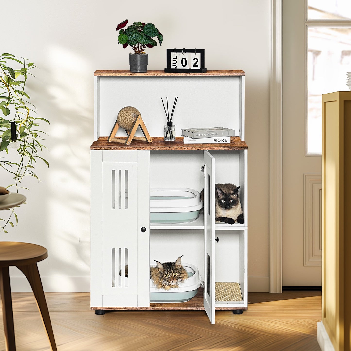 IMKHK Cat Litter Box Enclosure Furniture for 2 Cats, Hidden Double Cat Washroom with Storage Area and 2 Doors, Multi-Functional Cat House with Cat Litter Pads, Wooden Cat Cabinet Indoor, White