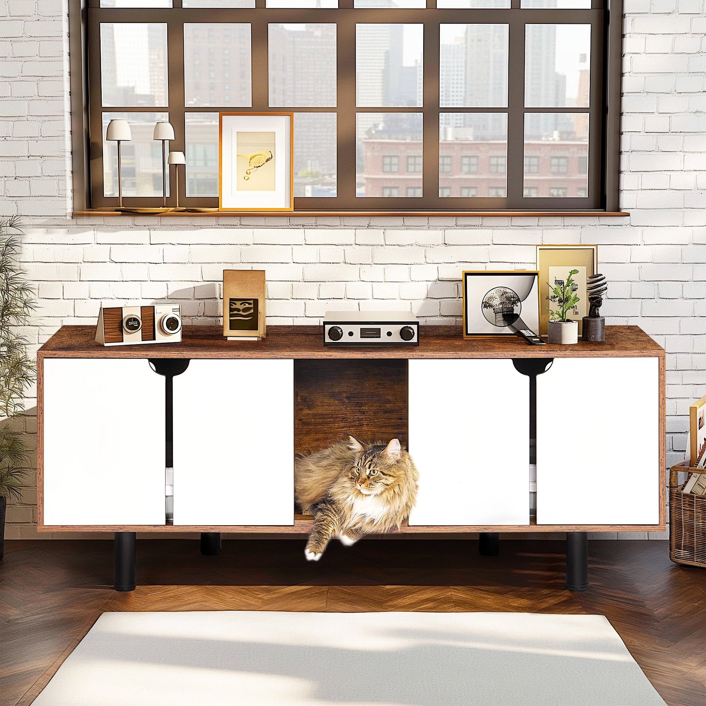 IMKHK Cat Litter Box Enclosure Furniture for 2 Cats, Cat House Cabinet with Litter Mat, Large Hidden Cat Washroom with Double Room, Multi-Functional Cat Condo TV Stand End Table Indoor, Brown