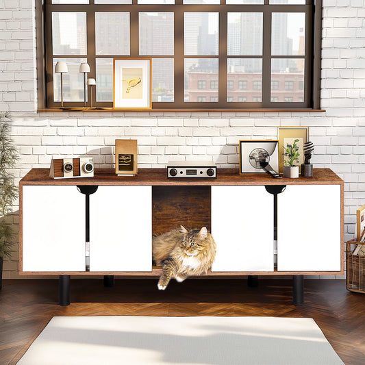 IMKHK Cat Litter Box Enclosure Furniture for 2 Cats, Cat House Cabinet with Litter Mat, Large Hidden Cat Washroom with Double Room, Multi-Functional Cat Condo TV Stand End Table Indoor, Brown