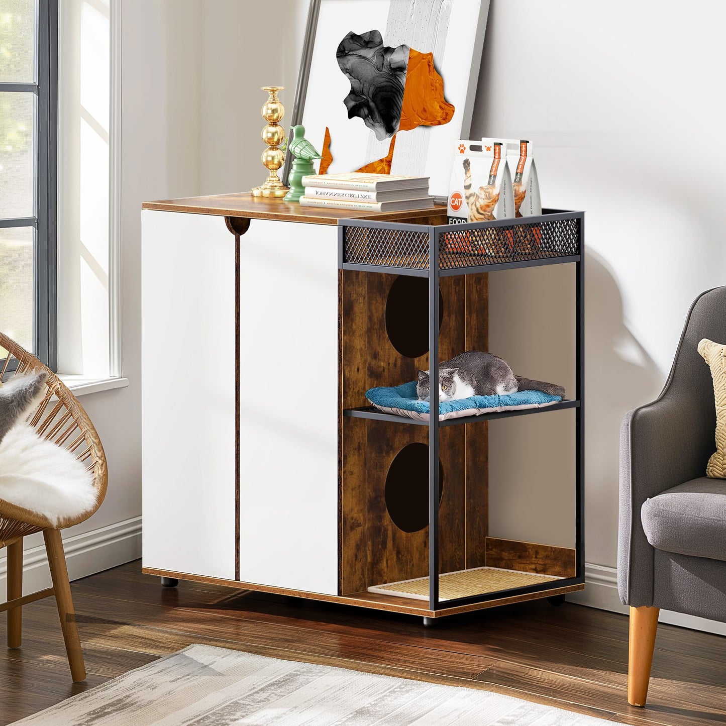 IMKHK Cat Litter Box Enclosure Furniture for 2 Cats, Wooden Double Layer Cat Feeding Station with Cat Litter Mat, Hidden Cat House with 2 Doors and 2 Side Openings, Modern Indoor Cat Cabinet, Brown