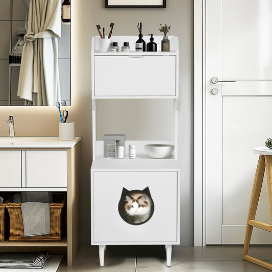 IMKHK Cat Litter Box Enclosure Furniture with Doors, Hidden Indoor Cat House with Storage Cabinet and Shelves, Multi-Functional Wooden Cat Cabinet Cat Washroom with Adjustable Foot Pads, White