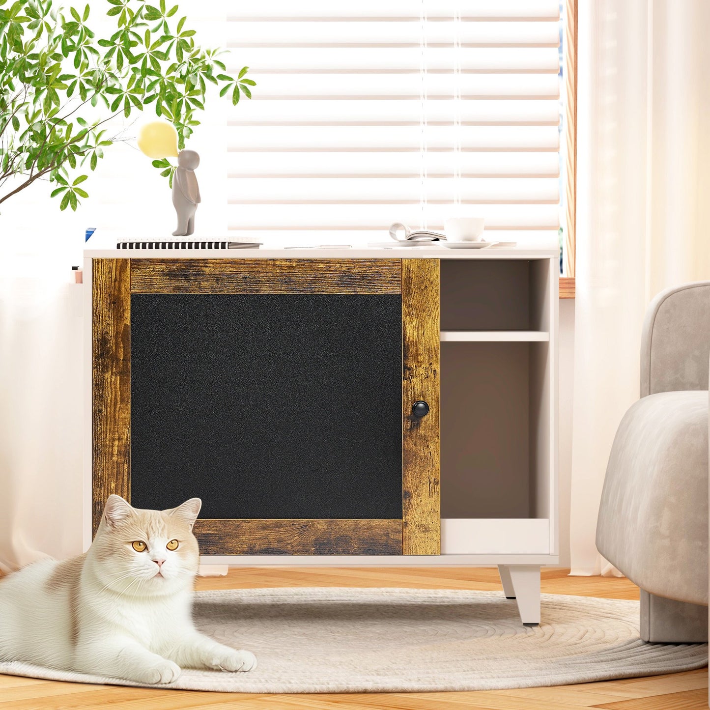 IMKHK Cat Litter Box Enclosure Furniture with Graffiti Board and Eraser, Multi-Functional Wooden Graffiti Cat House with Door, Litter Mat and Storage Shelf, Large Hidden Cat Cabinet Indoor, White